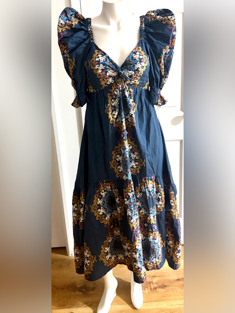 NWT .Cleobella Bohemian Navy Floral-Trim Maxi Dress with Puff Shoulders . Summ.